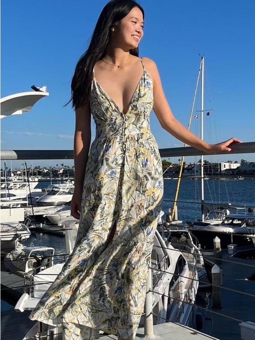 Abercrombie & Fitch Yellow and Blue Floral V‑Neck Maxi Dress